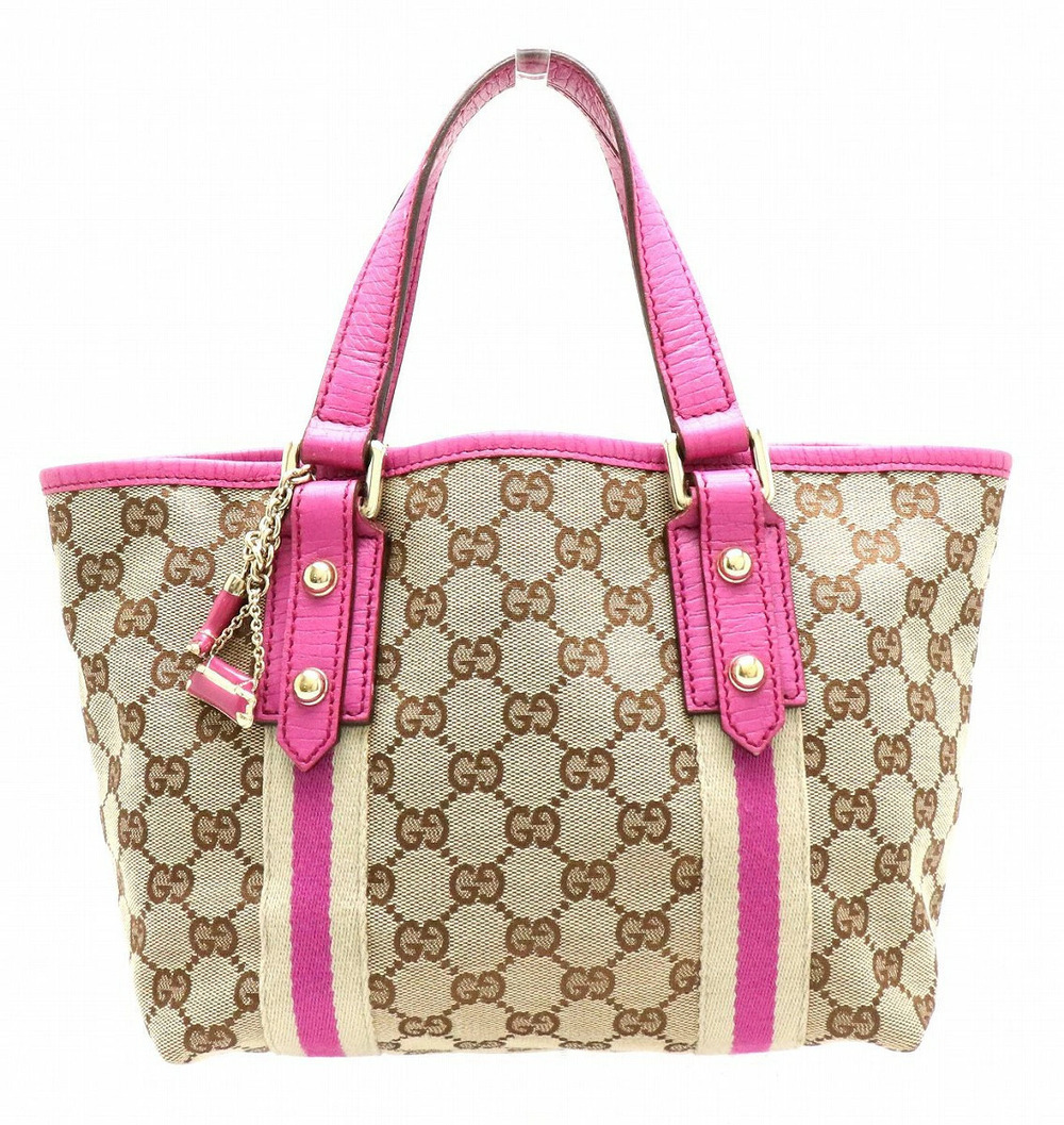 Gucci GG Canvas Tote Bag Handbag Charm Leather Beige Brown Cream Pink Purple